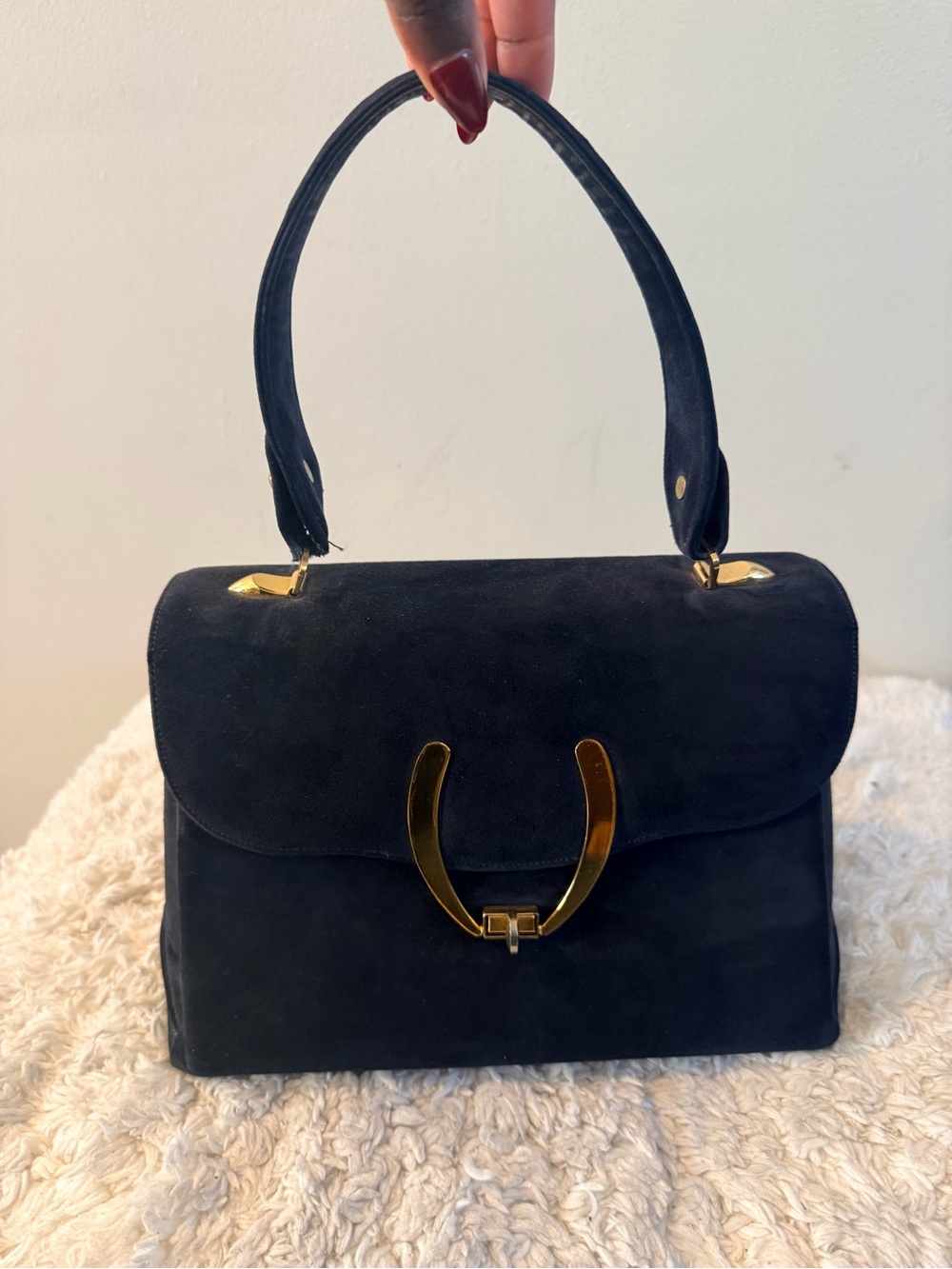 Vintage Saks Fifth Ave Classic Dark Blue Suede Top-Handle Bag with Gold Hardware